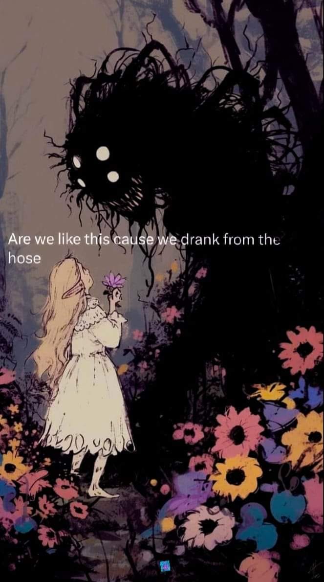 The meme is a humorous image of a young girl from the classic children's book "Alice's Adventures in Wonderland" standing in a forest, facing a large, dark, and ominous-looking creature with glowing eyes. The creature is actually the "Jabberwocky" from the book, a monster that has been brought to life by the girl's imagination. The text above the girl reads "Are we like this because we drank from the hose?"